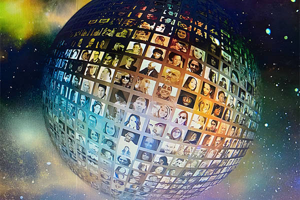 graphic of a globe made up of lots of human faces